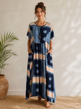 Authentic Bali Batik Geometric Abstract Maxi Dress Cinch Back Wood Buttons XL